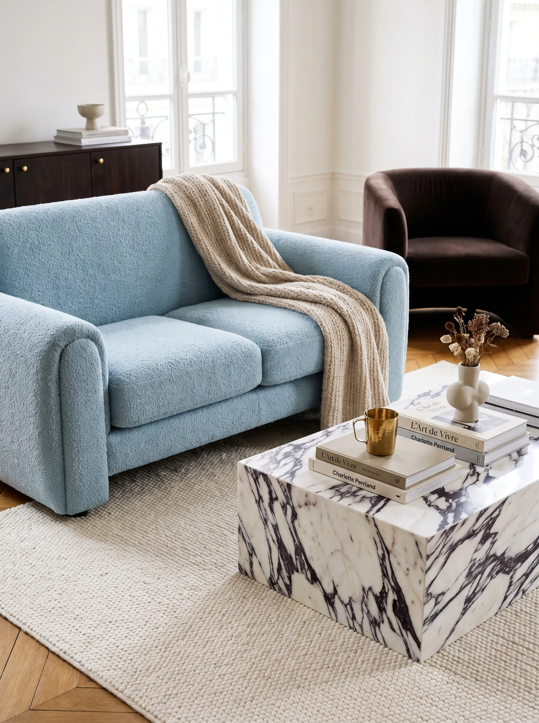 Light blue bouclé sofa freshly cleaned in a bright living room
