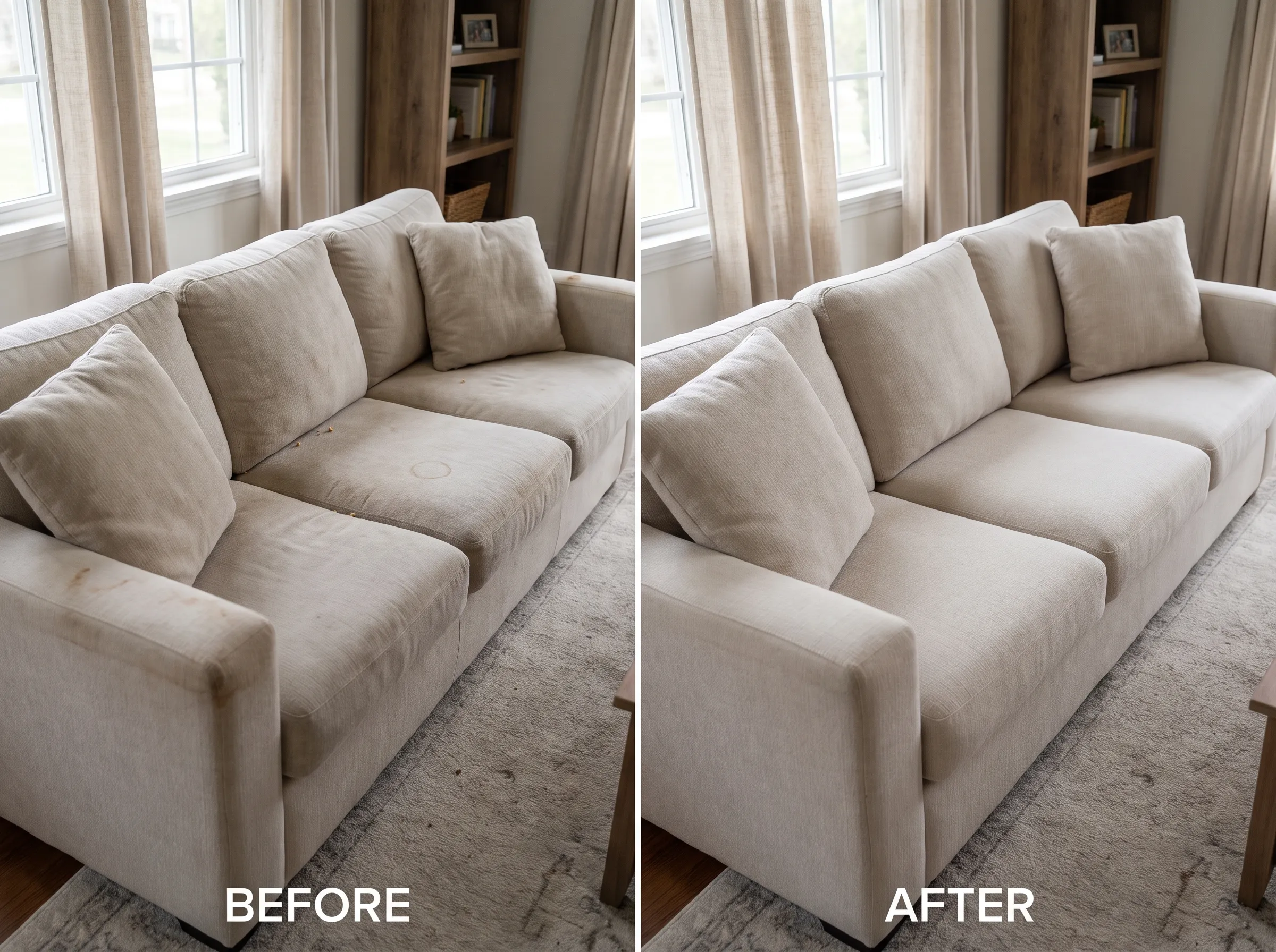 Before and after cleaning of a cream fabric sofa