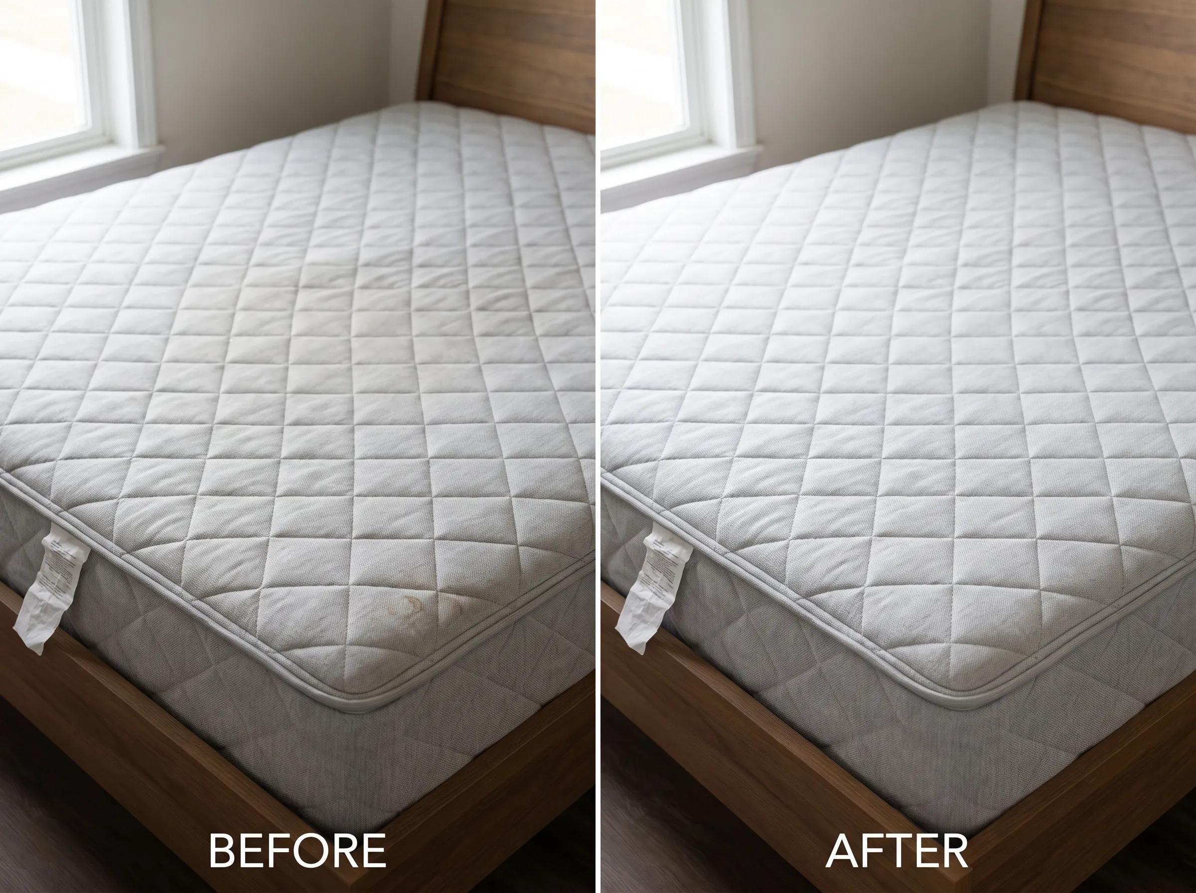 Before and after cleaning of a quilted mattress