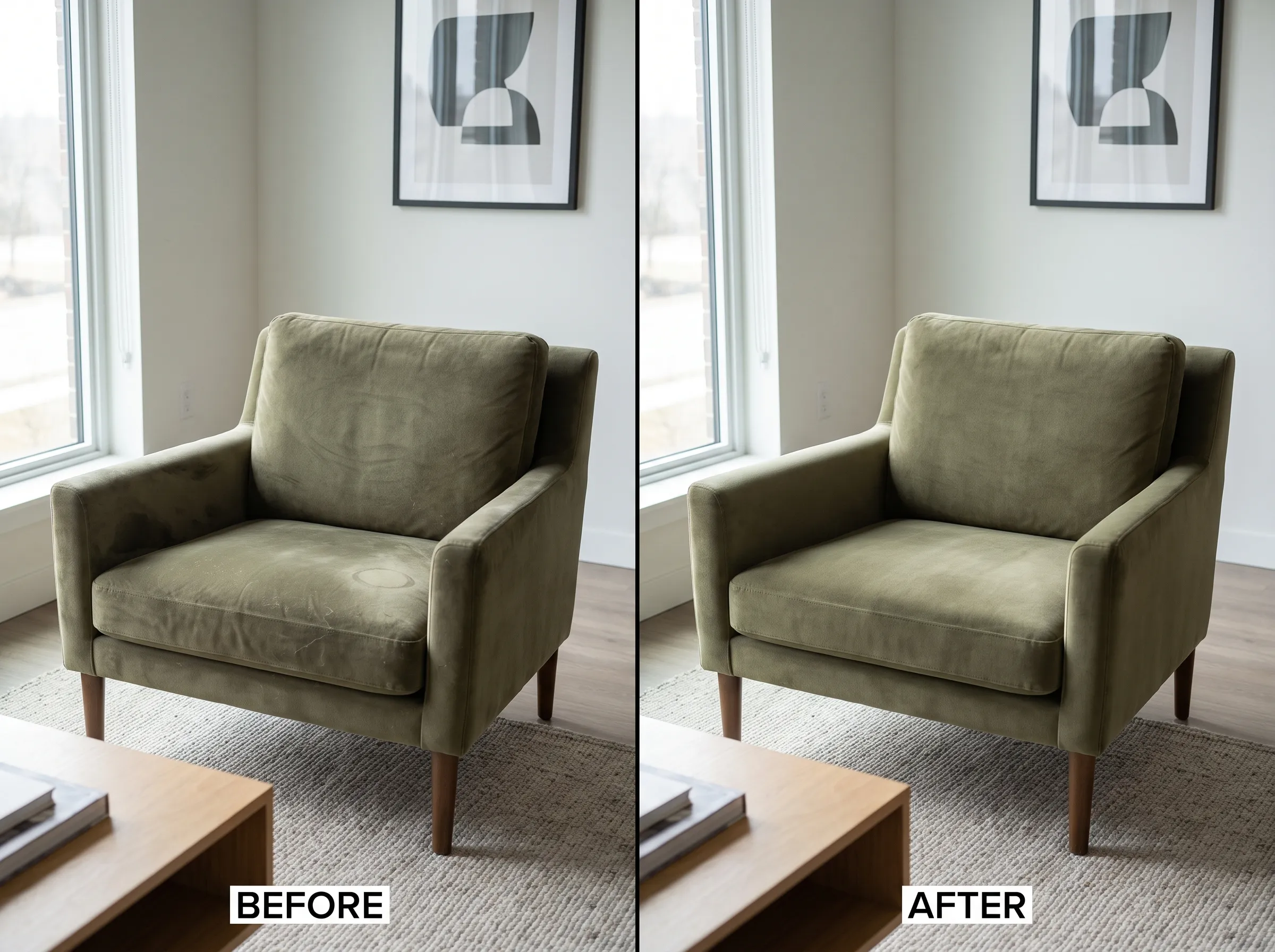 Before and after cleaning of an olive-green velvet armchair