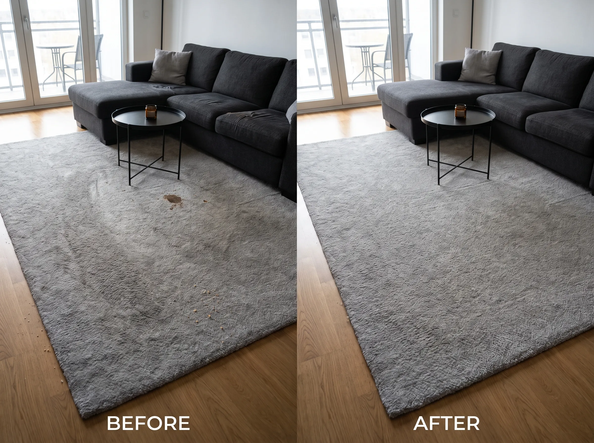 Before and after cleaning of a soft grey area rug